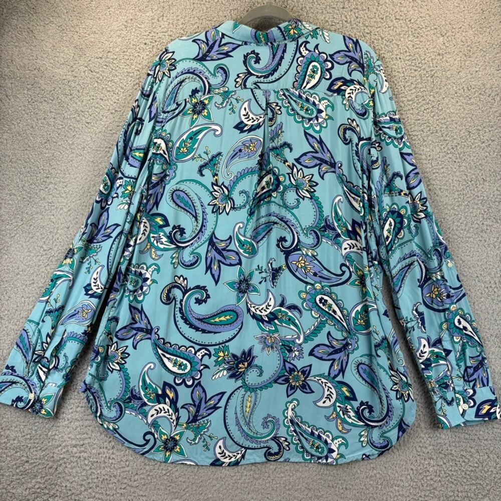 Talbots Blouse XL Blue Paisley Boho Preppy Floral Whimsical Colorful Roll Tab - Picture 9 of 10
